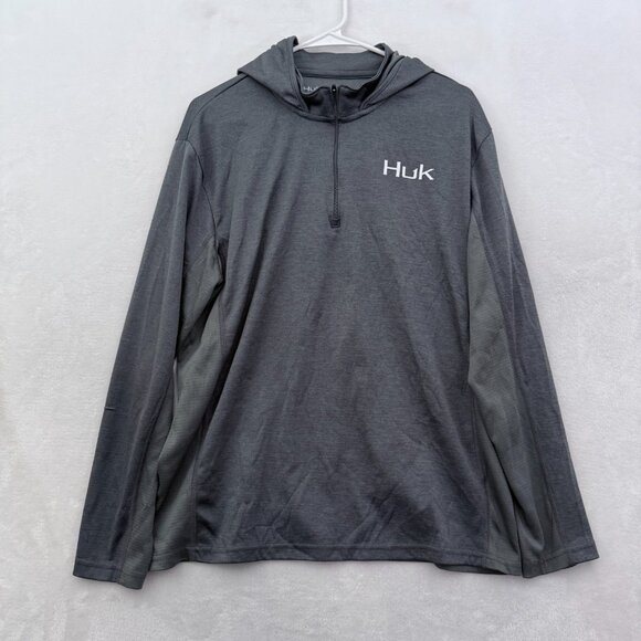Huk 1/4 Zip Pullover Mens L Gray Hooded Performance Fishing Outdoor Lightweight - Picture 1 of 10